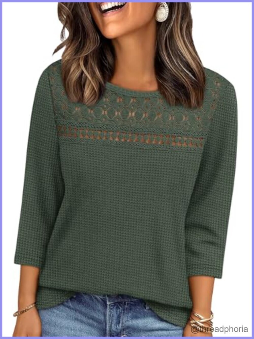 Womens Waffle Knit Blouse 3/4 Sleeve Lace Boho Top Dressy Casual Tunic